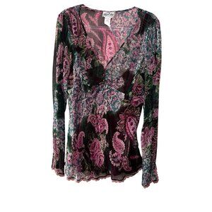 Long Elegant Legs Floral Paisley Silk Blouse Size 14 Boho Sexy Prairie Feminine
